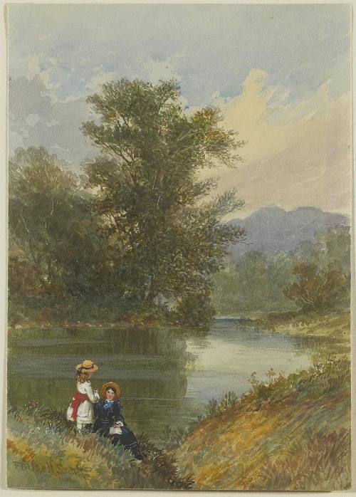 A Young Lady and small girl beside a pond