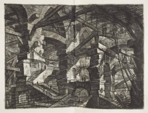 A Perspective of Colonnades with Zig-Zag Staircase and Two Figures on Arch overlooking the Central Flight