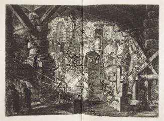 A Wide Hall with Low Timbered Root in the Foreground from which Hangs a Lantern