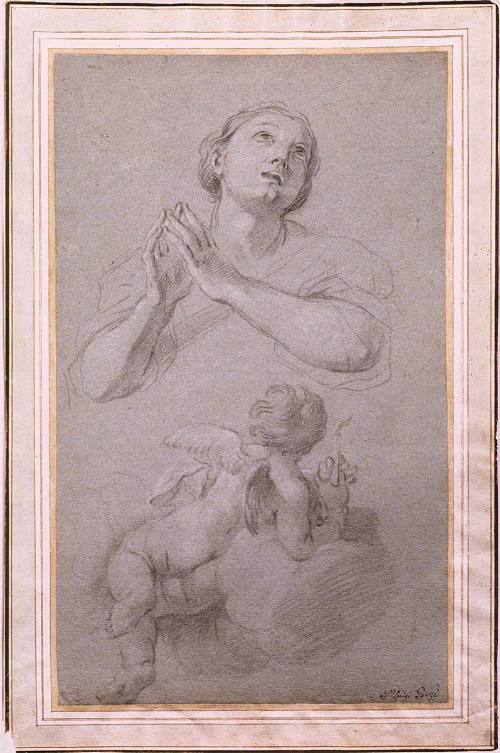 A Woman with Her Hands Joined in Prayer and a Cupid