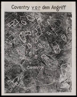 Birds eye view of Coventry with certain areas marked.