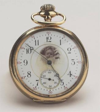 Pocket watch [Portrait of a baby on clock face, Portrait of woman wearing glasses in interior of verso]