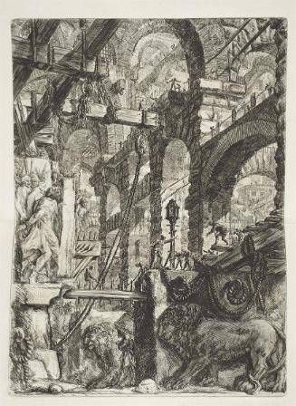 A Perspective of Roman Arches, with Two Lions Carved in Relief on Stone Slabs in the Foreground