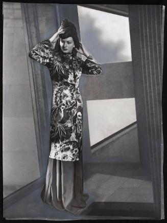 Model, floral print coat.