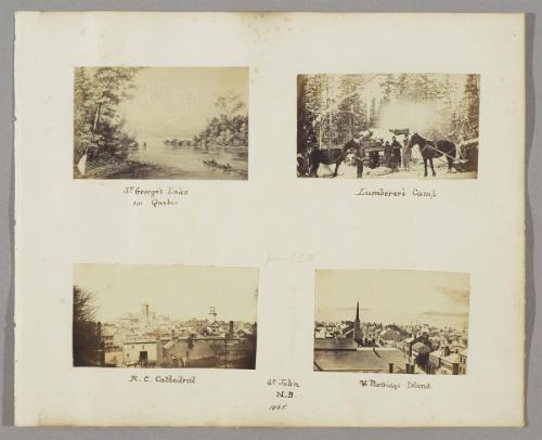[Views of Quebec and New Brunswick] Album page of 4 albumen print ( recto); [Painted portraits of women] 10 albumen prints (verso)