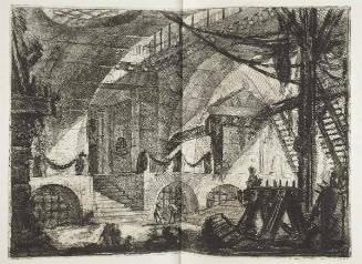 An Arched Chamber with Lower Arches Surmounted by Posts and chains. Strong Light Entering from the Right Hand