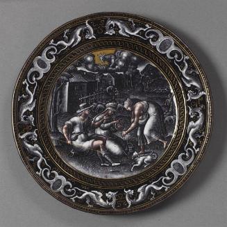 Calendar plate: Allegory of April (Planting),with Taurus the Bull (obverse) and Portrait of Emperor Galba (reverse)