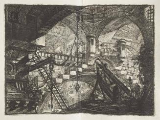 A Series of Galleries with Round Arches and a Crane-Like Erection of Beams in the Right Foreground