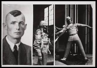 Photo triptych one a portrait of man, one man in fireman's uniform, one of inflated dummy..