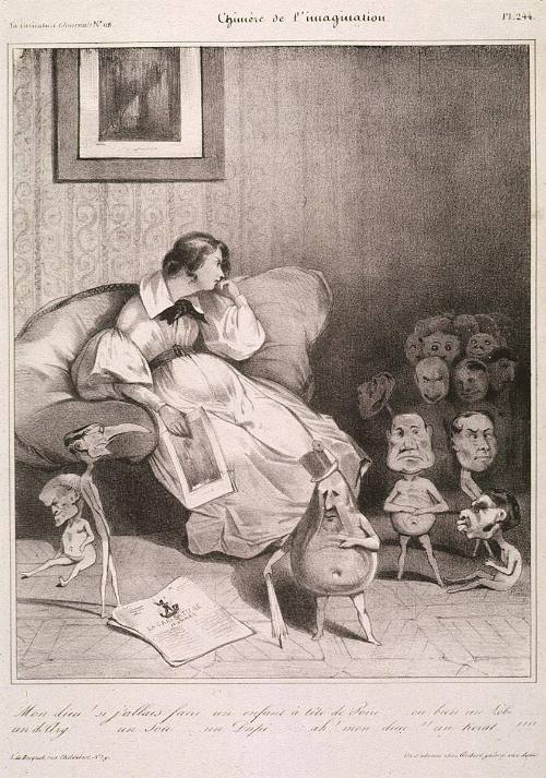 Chimère de l'imagination. Mon dieu, si j'allais faire un enfant à tête de Poire...ou bien un Lobi...un d'Arg...un Sou...un Dupi...ah! mon dieu!!!..un Kerat...!!!