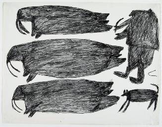 Three Walruses, Man and Dog