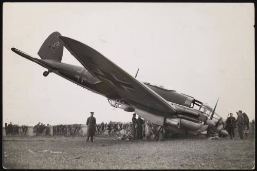 Nazi raider crippled by R.A.F fighters crashes. A Heinkel bomber crashes on the north-east coast.