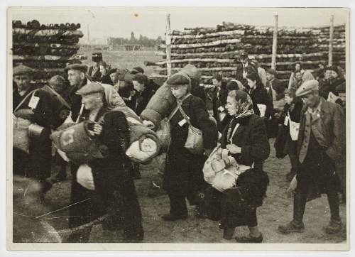 Deportation group with belongings passing piles of wood