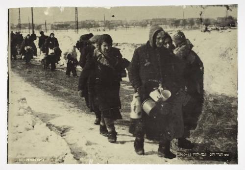 Deportation in winter with girl in shawl