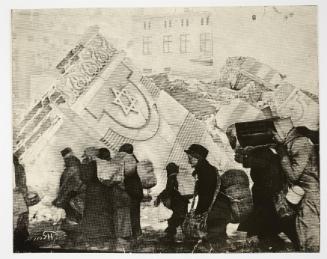 (In photomontage with synagogue in ruins) Boy in cap, with satchel and sack tied to back, walking with winter deportation crowd - side-profile