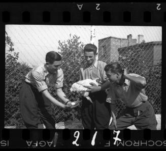Three men posing with a chicken and an egg