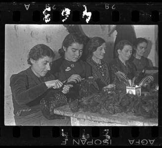 Textile department (Woman working with feathers and embroidery, decorating hats and accessories)