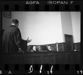 The prosecution addressing the court at the trial of Krampf, assistant to the Lodz Ghetto's German administration head, Hans Biebow