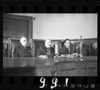 Panel of judges at the trial of Hans Biebow, former head of the Lodz Ghetto's German administration