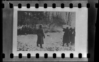 "The line of victims diminishes as the rifles crack. The Nazis pick off the men seperately, while an officer nonchalantly surveys the scene."
