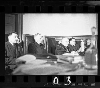 Panel of judges at the trial of Hans Biebow, former head of the Lodz Ghetto's German administration