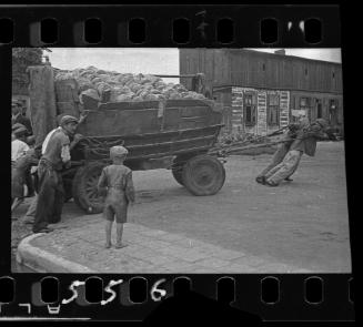 Men hauling the cart for bread distribution