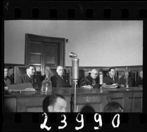 Panel of judges at the trial of Hans Biebow, former head of the Lodz Ghetto's German administration