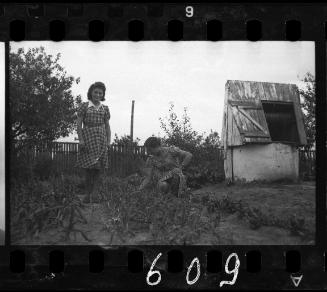 Two young girls among garden beds
