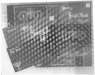 Montage of copies of Lodz Ghetto bank notes