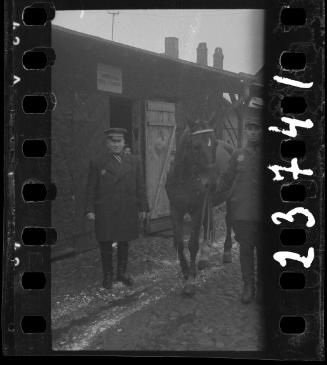 Workers of the Transport Department standing outside the entrance to a horse stable
