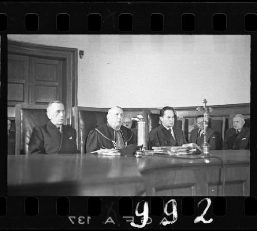 Panel of judges at the trial of Hans Biebow, former head of the Lodz Ghetto's German administration