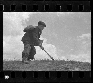 Young boy working in a field