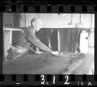 Man brushing hide in the leather factory