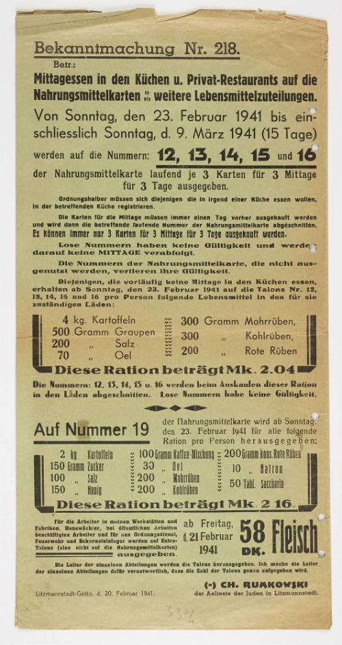 Announcement No. 218: Lunches in the kitchens and private restaurants on the ration cards and further rations