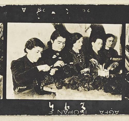 Textile department (Woman working with feathers and embroidery, decorating hats and accessories)
