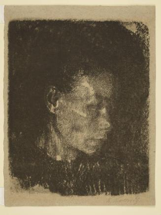 Kopf einer Arbeiterfrau im Dreiviertelprofil nach rechts