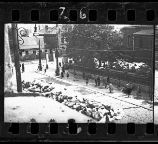 The Catholic Church in Kosielny Square, in which the Nazis collected down and feathers [in bags] taken from Jews, for transport to Germany