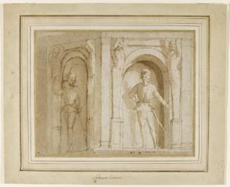 Two Men in Fifteenth Century Costume standing in niches framed by Terms