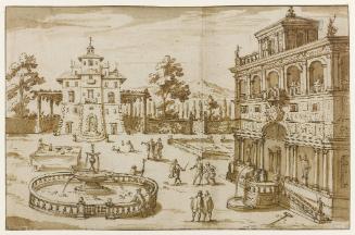 View of a Papal Villa with a Fountain in the foreground and figures playing