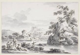 A River Landscape with a  group of figures in the left foreground, and rural buldings with a tower in the middle distance