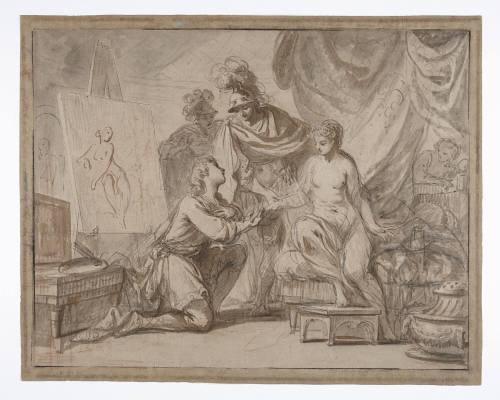 Alexander presenting Camaspe to Apelles; Verso contré-épreuve of a Latin text 