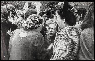 Three women in conversation through fence