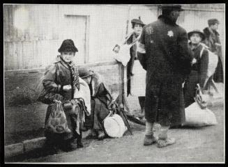 Deportation, old woman with tie/scarf, hats, bags, sitting