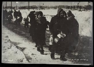 Deportation in winter with girl in shawl