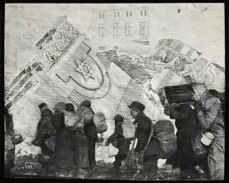 (In photomontage with synagogue in ruins) Boy in cap, with satchel and sack tied to back, walking with winter deportation crowd - side-profile