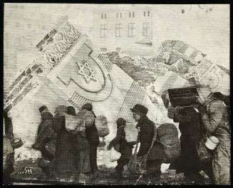 (In photomontage with synagogue in ruins) Boy in cap, with satchel and sack tied to back, walking with winter deportation crowd - side-profile