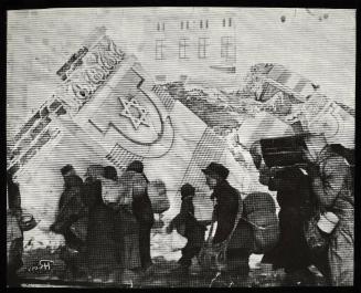 (In photomontage with synagogue in ruins) Boy in cap, with satchel and sack tied to back, walking with winter deportation crowd - side-profile