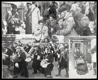 Montage deportation, man in cap with pail