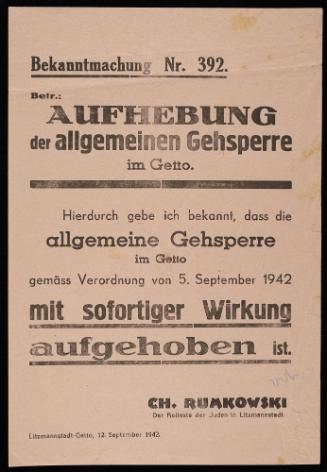 Announcement No. 392: Concerning cancellation of the general curfew in the ghetto