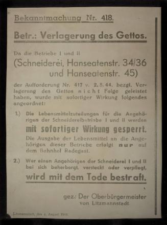 Announcement No. 418: Concerning the relocation of the ghetto population